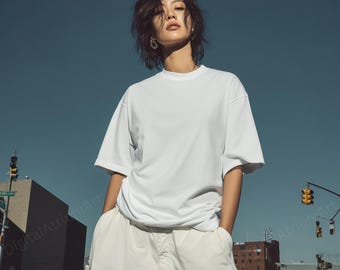 Maquette de t-shirt oversize blanc | Modèle féminin asiatique | Streetwear urbain PNG (Téléchargement numérique)