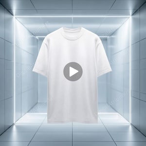 May include: A plain white t-shirt with short sleeves and a crew neck. The shirt is centered in a bright, modern, and minimalist setting. A gray play button is overlaid on the shirt.