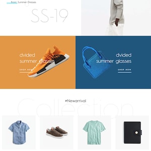 Può includere: Homepage del sito web con un uomo con occhiali da sole, scarpe da ginnastica arancioni e bianche e una borsa blu. Il testo include "SS-19", "Divided Summer Glasses" e "#Newarrival".