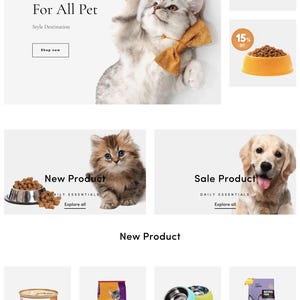 Può includere: Sito web Petiza con prodotti per animali domestici. Un gatto con papillon è al centro. Altre immagini includono una cuccia per cani, una ciotola per cibo per animali domestici, un gattino, un cane e vari prodotti alimentari. Il testo "For All Pet" è visualizzato.