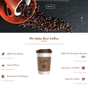 May include: A website design featuring coffee beans spilling from a tilted brown cup onto a dark surface. A disposable coffee cup with the word "Coffee" is displayed. Text includes "Beton Cire" and "We Make Best Coffee".