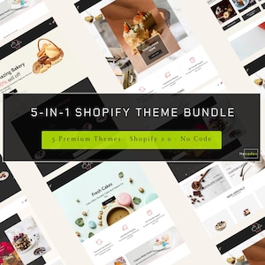 May include: A digital display of a 5-in-1 Shopify theme bundle featuring multiple website layouts for a bakery. The central text reads 5-IN-1 SHOPIFY THEME BUNDLE and 5 Premium Themes · Shopify 2.0 · No Code, showcasing various cake images.