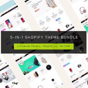 Pode incluir: Uma exibição digital de um pacote de 5 temas Shopify com vários layouts de sites de e-commerce. O texto central diz 5-IN-1 SHOPIFY THEME BUNDLE e 5 Premium Themes · Shopify 2.0 · No Code, exibindo várias imagens de produtos como eletrônicos, fones e câmeras.