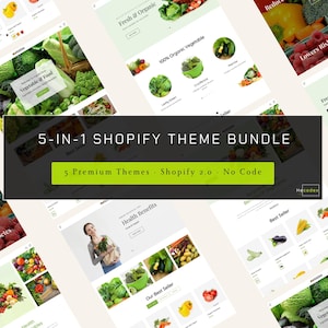 Può includere: Un collage digitale che mostra un pacchetto di 5 temi Shopify per negozi di verdure. Il layout presenta diverse anteprime di interfacce di siti web con immagini di prodotti freschi e intestazioni come 5 Premium Themes Shopify 2.0 No Code.