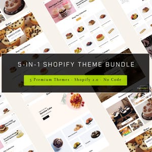 May include: A digital display of a 5-in-1 Shopify theme bundle featuring five premium themes for Shopify 2.0. The layout showcases various bakery website templates with images of cakes, cupcakes, and pastries, including text labels like Bakeco Store.