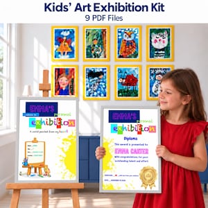 Puede incluir: Un kit de exposición de arte para niños que contiene 9 archivos PDF. El kit incluye carteles y diplomas imprimibles con texto colorido, el nombre Emma Carter y gráficos de un caballete, materiales de pintura y un sello dorado.