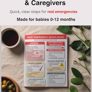 May include: A baby emergency quick guide with red and white text, designed for parents and caregivers. The guide covers choking, CPR basics, fever, allergic reactions, and safe sleep concerns for babies 0-12 months. Includes the text: "Confidence, convenience, and piece of mind."