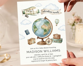 Custom Baby Shower Invitation, Travel Theme Party Invite, Globe and Airplane Baby Shower Card, Adventure Celebration, Printable Invite