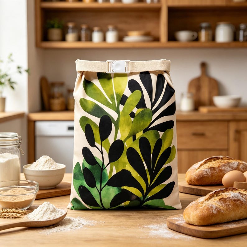 May include: A rectangular fabric storage bag featuring a cream-colored base with a bold, watercolor-style botanical print of large green and black leaves. The top of the bag is secured with a beige fabric strap and a white plastic buckle closure.
