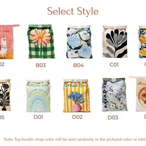 May include: A collection of fourteen rectangular fabric bread bags arranged in two rows, each featuring unique graphic prints including animals, flowers, rainbows, and food items, labeled with codes from B01 to D05 and a top buckle closure.