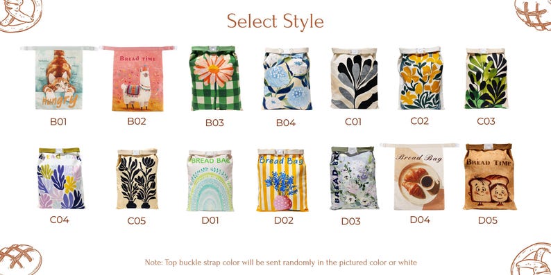 May include: A collection of fourteen rectangular fabric bread bags arranged in two rows, each featuring unique graphic prints including animals, flowers, rainbows, and food items, labeled with codes from B01 to D05 and a top buckle closure.