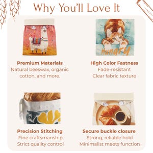 May include: An informational graphic titled Why You'll Love It, showcasing four fabric bags with various prints including a llama, a cat, abstract yellow shapes, and croissants with coffee. Each section highlights features like premium materials, color fastness, stitching, and buckle closures.