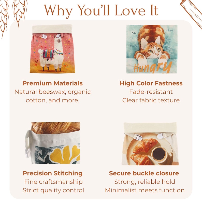May include: An informational graphic titled Why You'll Love It, showcasing four fabric bags with various prints including a llama, a cat, abstract yellow shapes, and croissants with coffee. Each section highlights features like premium materials, color fastness, stitching, and buckle closures.