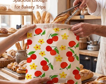 Reusable Cotton Beeswax Bread Bag – Cherry Print, Sourdough Loaf Storage