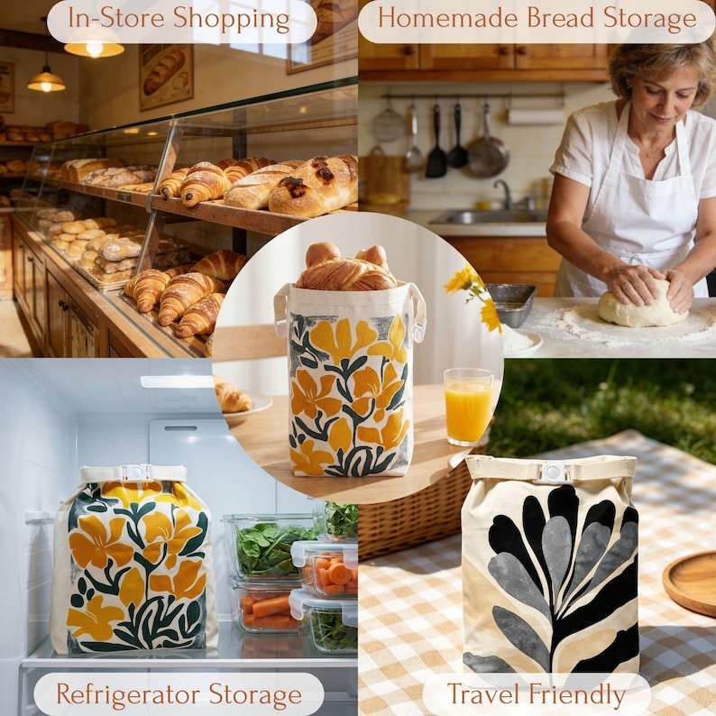 May include: A set of reusable fabric storage bags featuring roll-top closures with white plastic buckles. The bags display floral patterns in yellow, white, and black, designed for food storage in refrigerators, travel, and carrying baked goods.