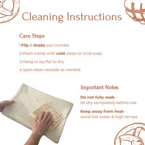 May include: An instructional graphic titled Cleaning Instructions with brown text on a white background. It lists four care steps: flip and shake out crumbs, wash inside with cold water or mild soap, hang or lay flat to dry, and spot-clean outside.