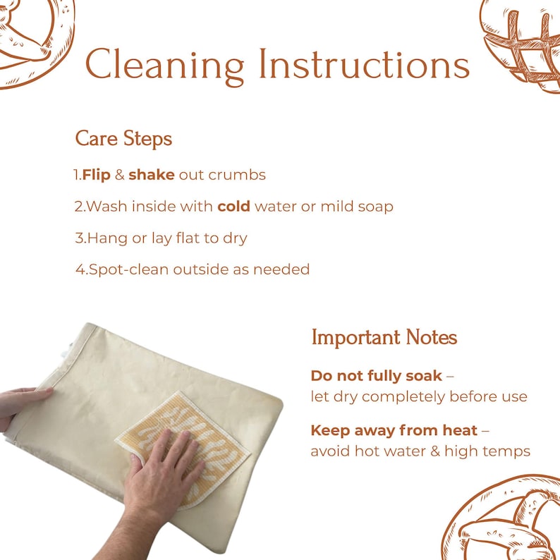 May include: An instructional graphic titled Cleaning Instructions with brown text on a white background. It lists four care steps: flip and shake out crumbs, wash inside with cold water or mild soap, hang or lay flat to dry, and spot-clean outside.