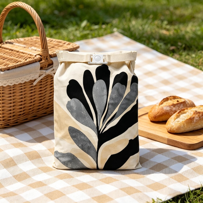May include: A rectangular roll-top lunch bag featuring a cream-colored base with a bold, abstract botanical print in black and textured gray. The bag is secured at the top with a white plastic buckle closure and a matching cream-colored fabric strap.