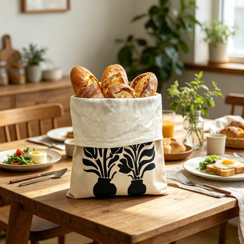 May include: A fabric bread bag with a cream-colored top and a beige bottom featuring a black graphic print of two potted plants. The bag is filled with several crusty, golden-brown loaves of bread, standing upright on a wooden dining table.