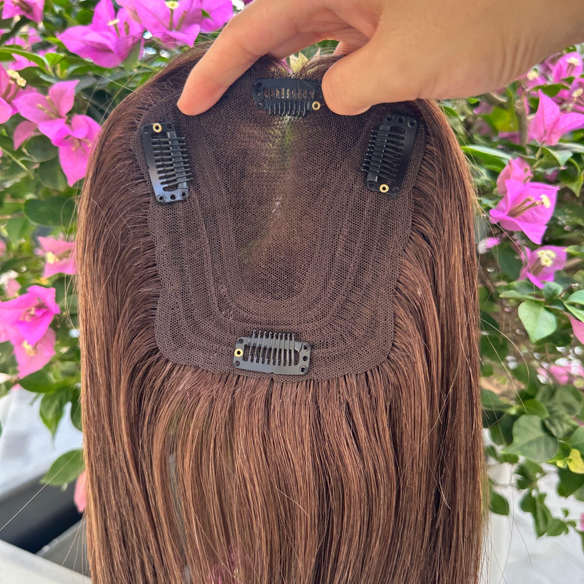 Real Human Hair Crown Topper #2 Dark Brown, Breathable Lace Base 11x12cm Clip In Hairpiece for Crown Thinning & Volume 12''