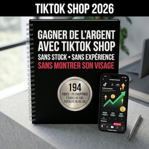 Peut inclure: Un cahier noir à spirales et un smartphone affichant un écran d'analyse TikTok. Le cahier porte les inscriptions "TIKTOK SHOP 2026" et "GAGNER DE L'ARGENT AVEC TIKTOK SHOP". Un stylo argenté est posé sur la surface.