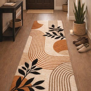 Mid Century Modern Boho Runner Rug Featuring Earthy Terracotta Orange and Cream Abstract Arch Geometric Patterns with Elegant Deep Charcoal