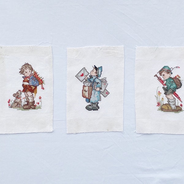 Completed Cross Stitch - Hummel set of 3- Off to town by Needle Treasures Completed counted cross stitch finished cross stitch