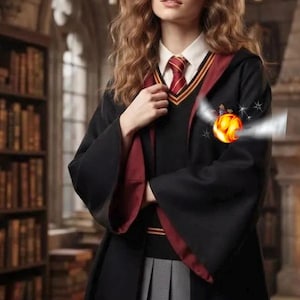 May include: A black robe with a deep red lining worn over a white collared shirt, a red and gold striped tie, a black V-neck sweater with gold and red trim, and a grey pleated skirt. A small, glowing golden ball with silver wings is visible.