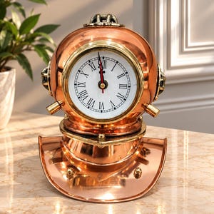 May include: A copper-coloured metal table clock shaped like a vintage deep-sea diving helmet. The clock face is white with black Roman numerals and black hands. The helmet features a rounded dome, side ports, and a wide, curved base plate.