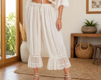Y2K Lace Bloomers Pants, High Waist Lantern Trousers, Cottagecore Cropped Pants
