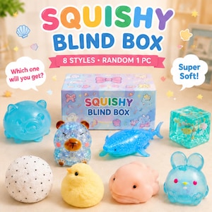 May include: A Squishy Blind Box set featuring a rectangular box with the text SQUISHY BLIND BOX, 8 STYLES, RANDOM 1 PC, Which one will you get?, and Super Soft!. Eight assorted squishy figures include a blue pig, bear, shark, cube, rabbit, a white ball with black dots, a yellow chick, and a pink blob.