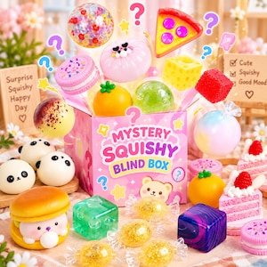 May include: A pink Mystery Squishy Blind Box surrounded by various colorful squishy toys including panda faces, a burger, a pizza slice, a cheese block, candy-shaped items, a cake slice, and a clear sphere filled with small colorful beads.