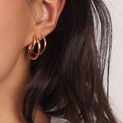 Dainty Triple Band Huggie Hoop Earrings Etsy