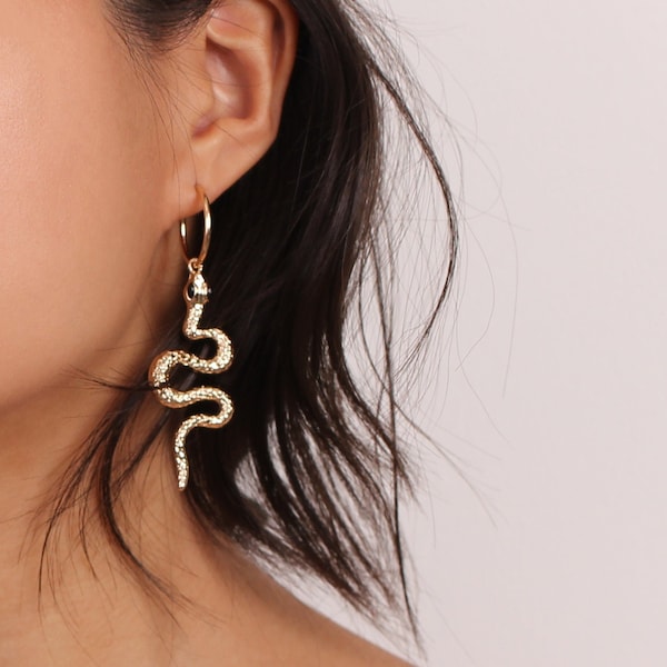 Snake Hoop Earrings, Gold Snake Earrings, Snake Charm Earrings, Snake Drop Earrings, Gold Snake Hoops, Snake Charm Hoops, Vintage Snake Hoop