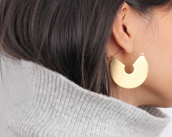 Hoop Disc Earrings, Half Moon Earrings, Gold Disc Earrings, Gold Moon Earrings, Large Disc Earrings, Bold Gold Earrings, Gold Coin Earrings