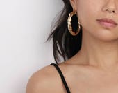 Thick Gold Twist Hoops Earrings - Large Vintage Hoop Earrings - Bold Hoop Earrings - Light Weight Boho Earrings - Thick Retro Jewelry
