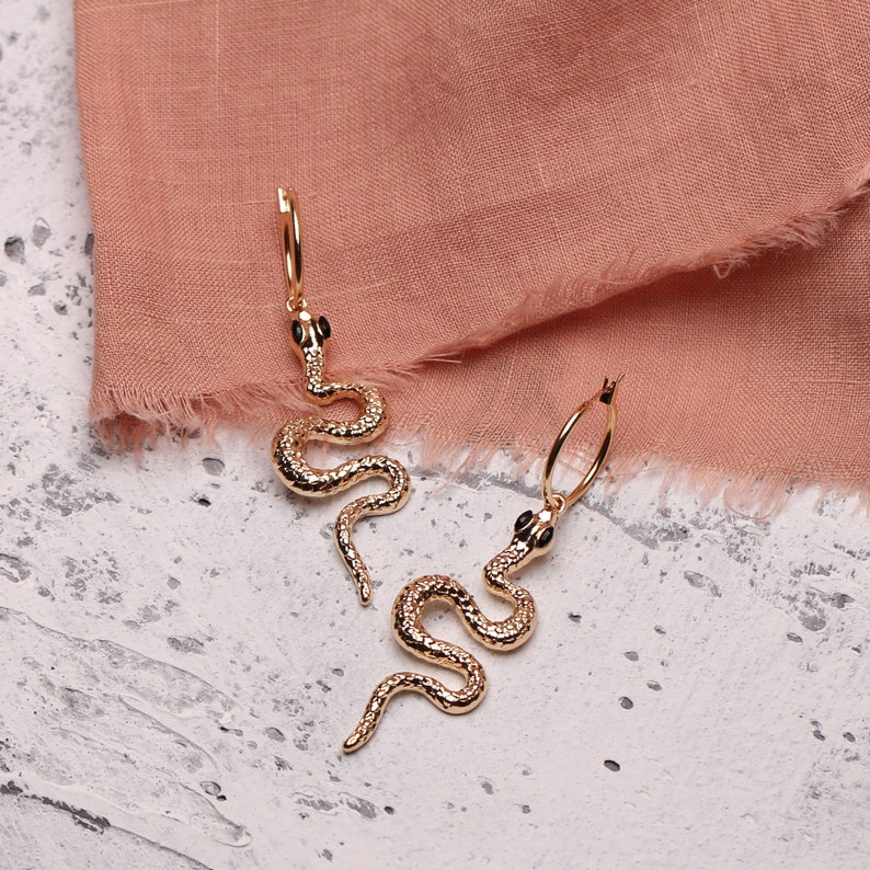 Snake Hoop Earrings, Gold Snake Earrings, Snake Charm Earrings, Snake Drop Earrings, Gold Snake Hoops, Snake Charm Hoops, Vintage Snake Hoop image 6