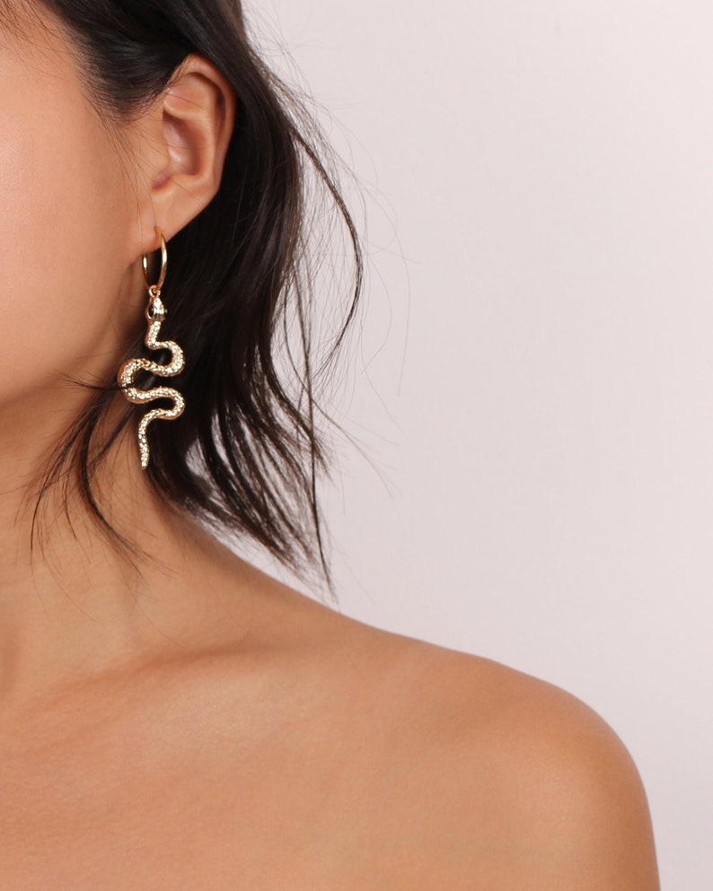 Snake Hoop Earrings, Gold Snake Earrings, Snake Charm Earrings, Snake Drop Earrings, Gold Snake Hoops, Snake Charm Hoops, Vintage Snake Hoop image 1