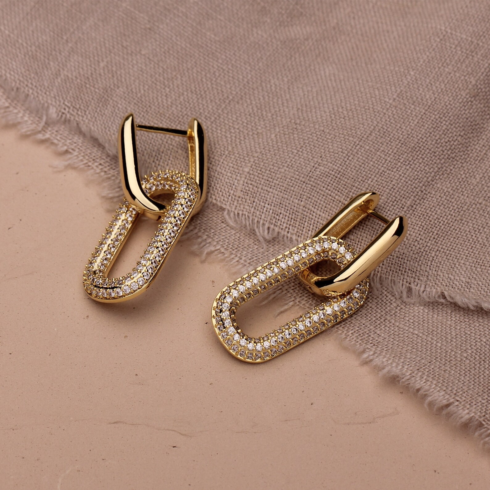 Gold Rectangle Hoops Gold Link Earrings Double Hoop Etsy