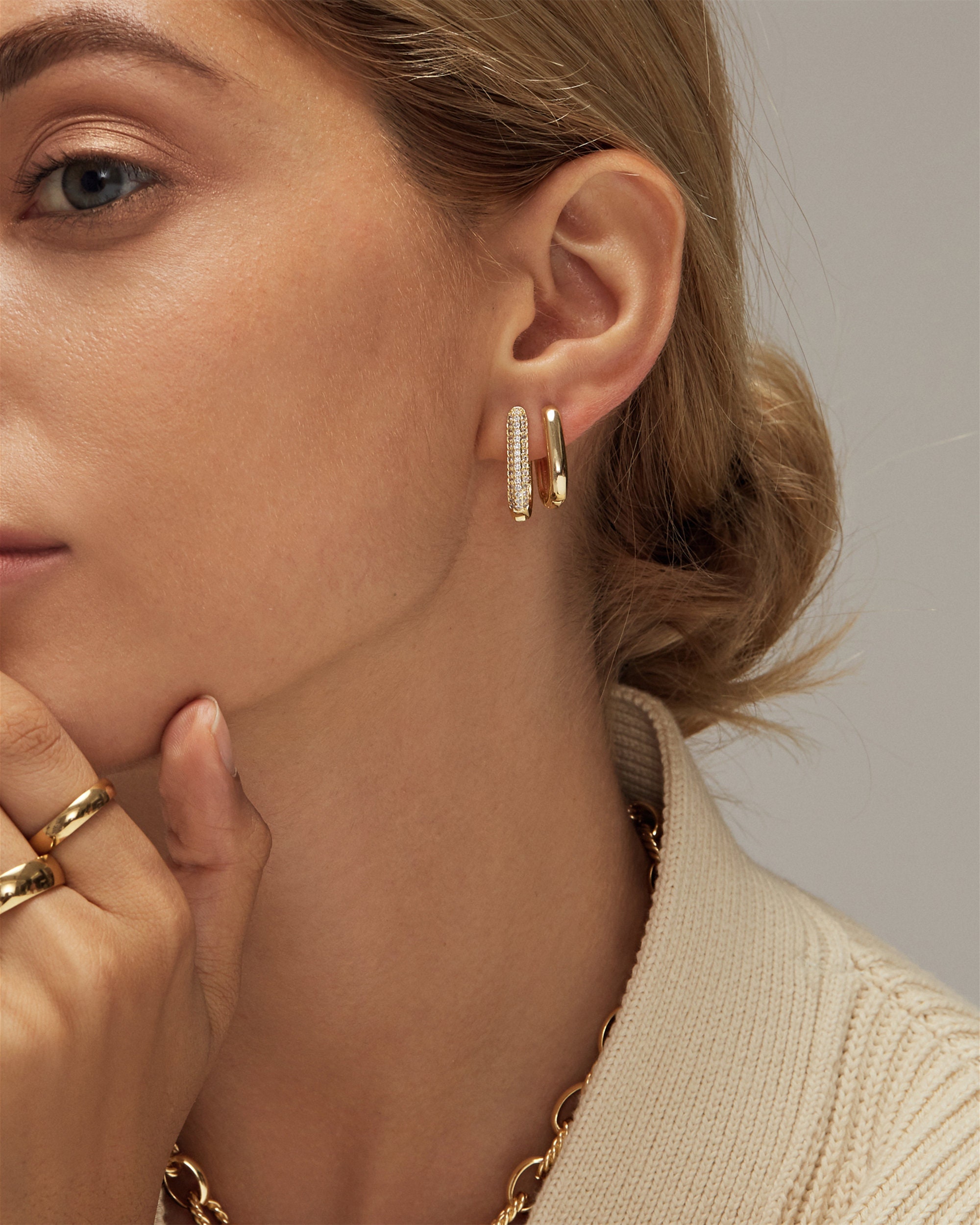 Gold Rectangle Hoops Gold Link Earrings Double Hoop Etsy