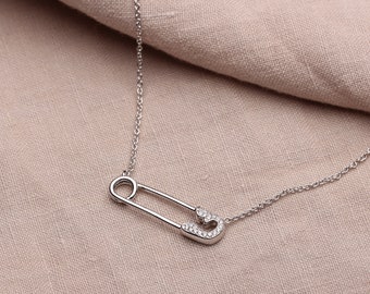 Safety Pin Necklace Safety Pin Pendant Silver Safety Pin Safety Pin Charm  Pave Pendant Diamond safety pin Diamond Pin Choker Pave Necklace