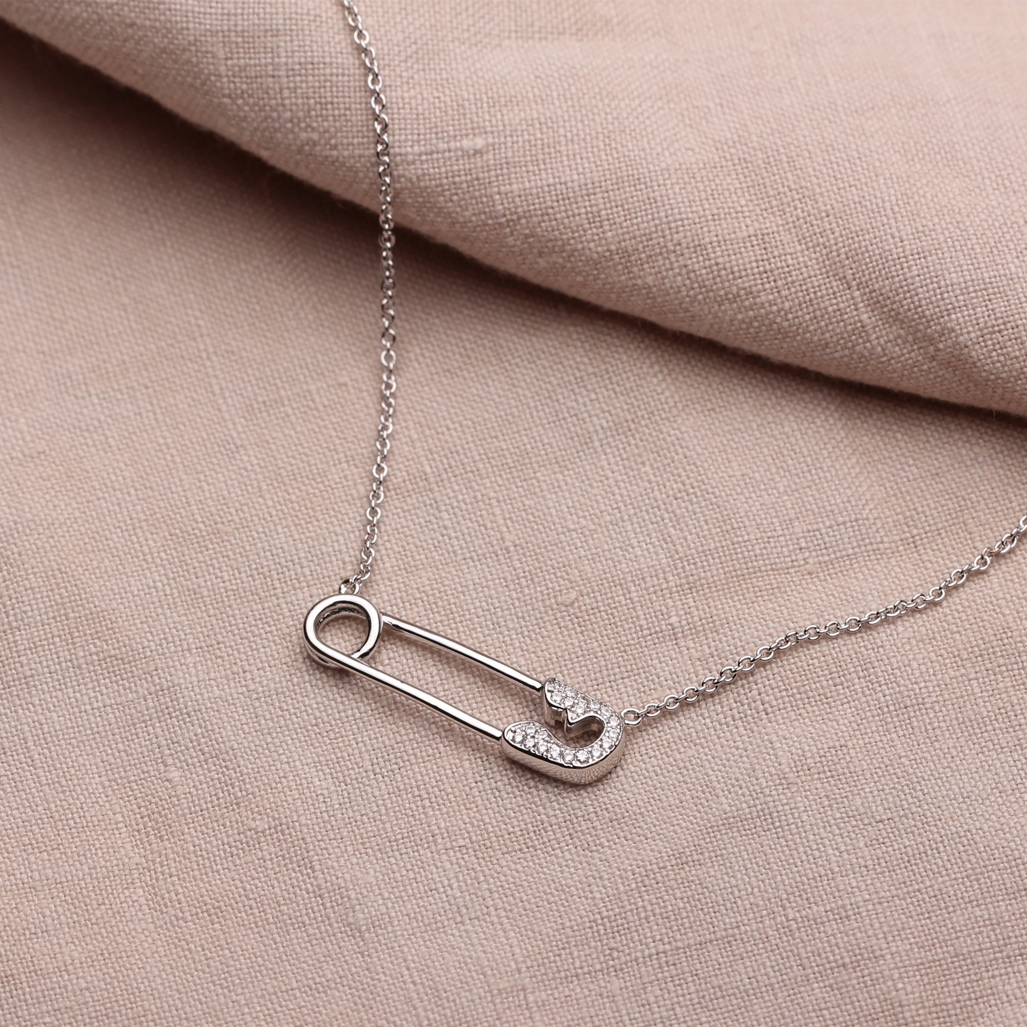 Safety Pin Necklace Safety Pin Pendant Silver Safety Pin Safety Pin Charm  Pave Pendant Diamond Safety Pin Diamond Pin Choker Pave Necklace 