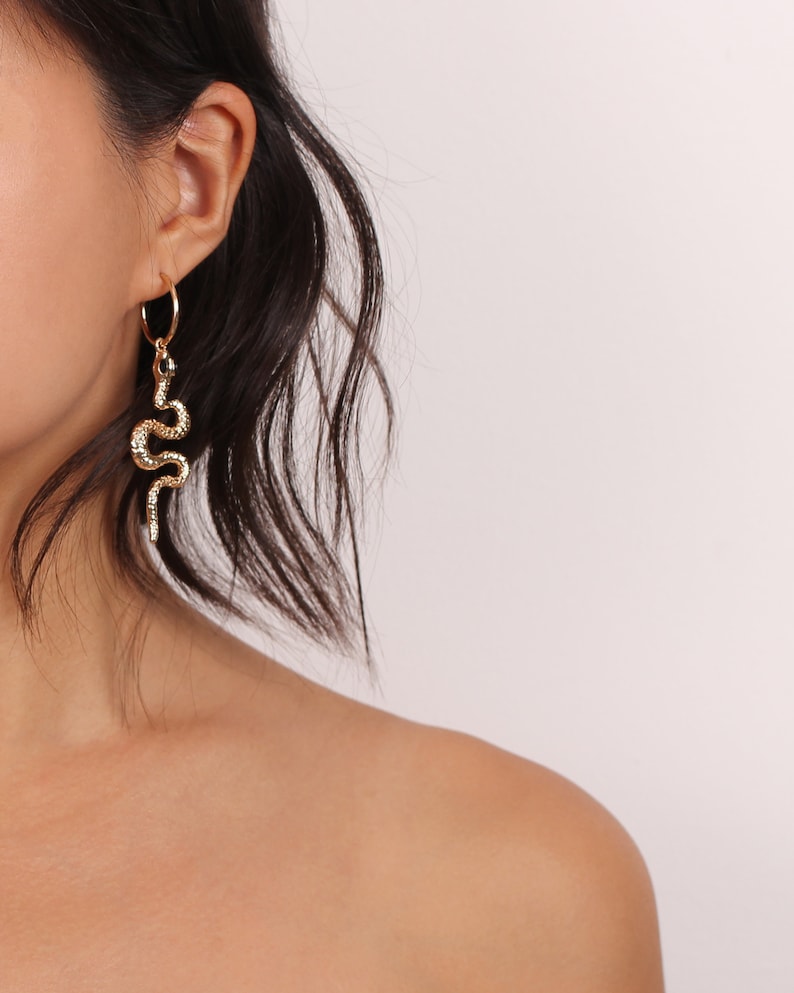 Snake Hoop Earrings, Gold Snake Earrings, Snake Charm Earrings, Snake Drop Earrings, Gold Snake Hoops, Snake Charm Hoops, Vintage Snake Hoop image 4