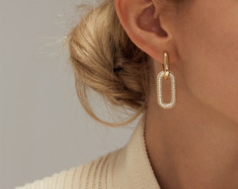 Gold Rectangle Hoops • Gold Link Earrings • Double Hoop Earrings • Dangle Hoop Earrings • Rectangle Link Hoops • CZ Hoop Earring