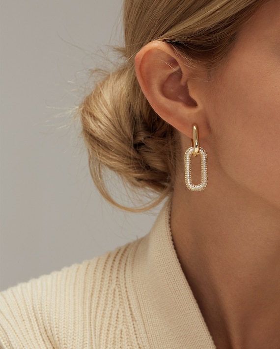 Gold Rectangle Hoops Gold Link Earrings Double Hoop Earrings