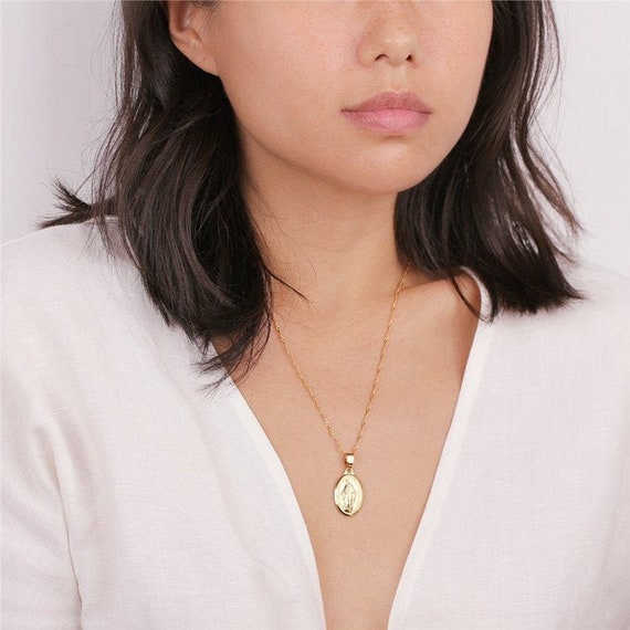 HZMAN Halskette – Jungfrau Maria Anhänger, 14K Gold Plattiert, Mit Zirkonia, 43 Cm