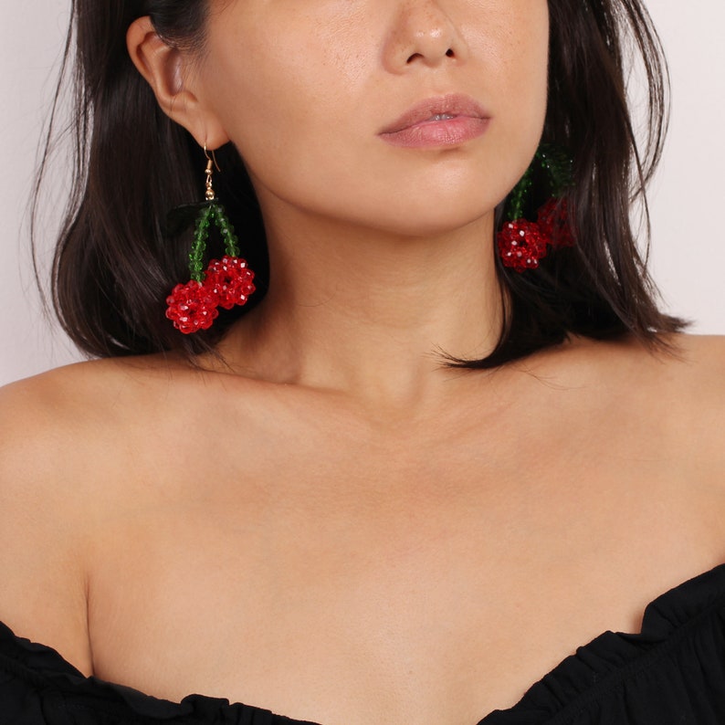 Cherry Earrings Beaded Cherry Crystal Cherry Fruit Etsy