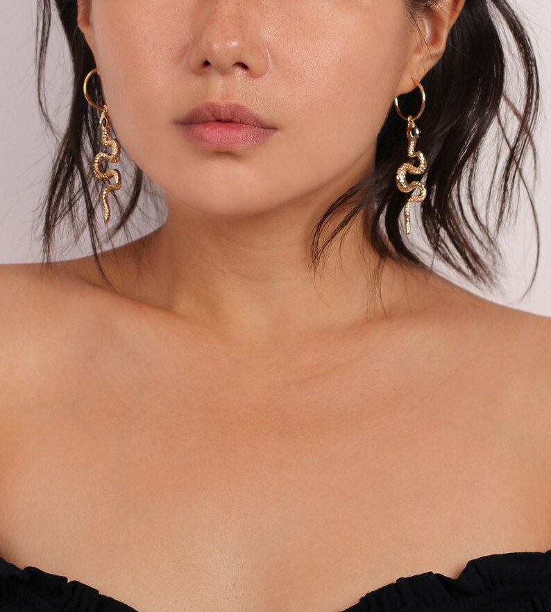 Snake Hoop Earrings, Gold Snake Earrings, Snake Charm Earrings, Snake Drop Earrings, Gold Snake Hoops, Snake Charm Hoops, Vintage Snake Hoop image 5