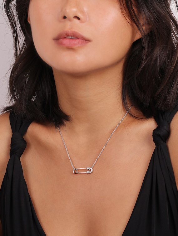 SAFETY PIN front clasp necklace in sterling silver -- wear by