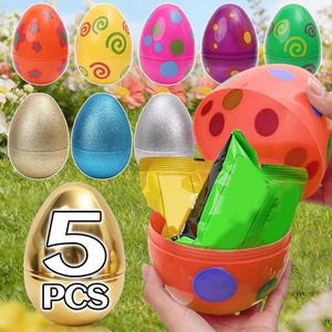May include: A selection of brightly coloured Easter egg containers, some patterned and others with glitter. One egg is open, showing wrapped sweets. The image includes an egg with the text "5 PCS".